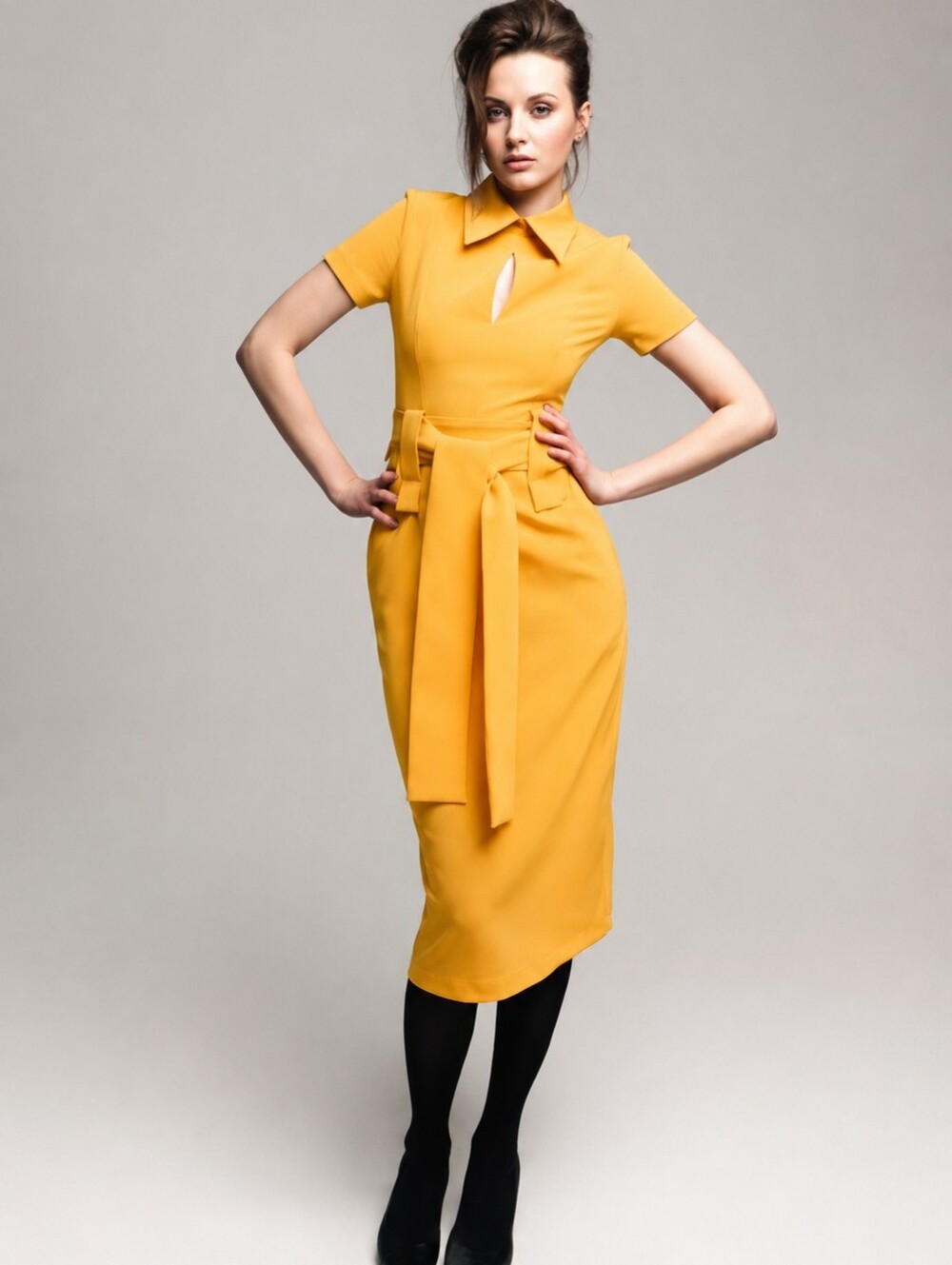 Julia Allert Elegant Golden Rod Yellow Belted Collared Midi Dress
